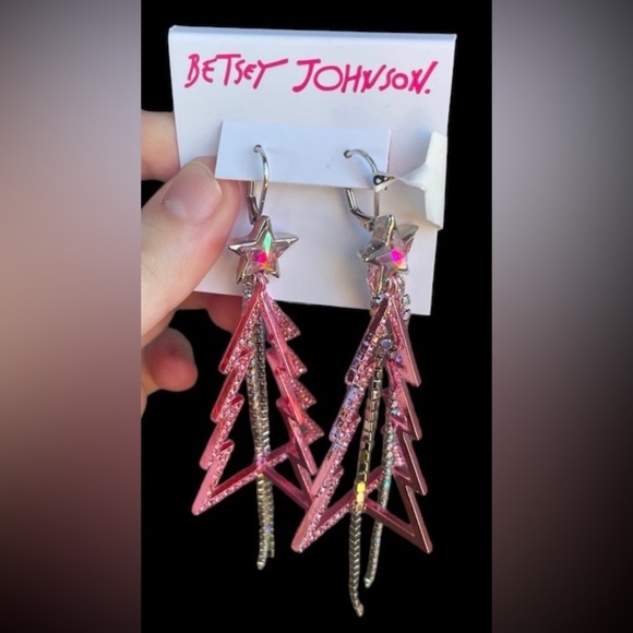 BETSEY JOHNSON Open Pink with Crystal Strand Christmas Tree Dangle Earrings NWT - Picture 3 of 3
